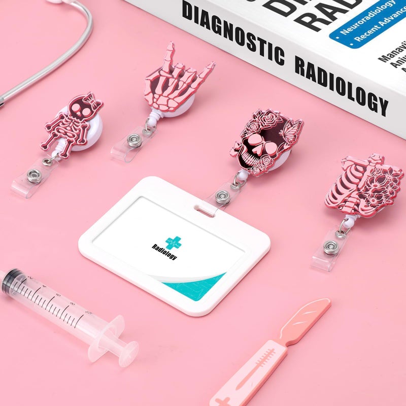 Xylolfsty Xray Badge Reels 4PCS هيكل عظمي قابل للسحب شارة كليب حامل مع مقطع التمساح مرآة الهالوين الاكريليك الضلع الجمجمة أنماط لطيف لراد RN ممرضة طبيب طالب الأشعة التكنولوجيا الهدايا - Image 5